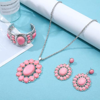 NEWITIN 4 Pieces Silver Bohemian Jewelry Set for Women Fashion Costume Jewels Turquoise Necklace Bracelet Earrings Western Turquoise Jewelry Set for Women - color: Pink Turquoise