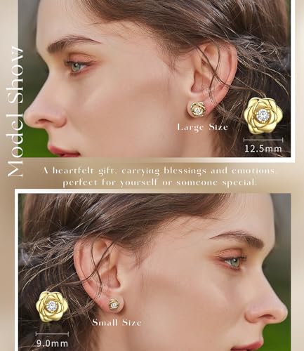 Gold Plated Sterling Silver Rose Flower Earring Studs, Hypoallergenic & Nickel Free Earrings for Women - color: Yellow Gold Plated Silver, size: 9.0 Millimeters