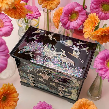 February Mountain Mother of Pearl Wooden Jewelry Organizer Box – Jewelry Storage Box for Women, Features Spacious Drawers, Ideal for Rings, Bracelets, Watches, Chains, Accessories (Crane_Black) - style: Crane_Black