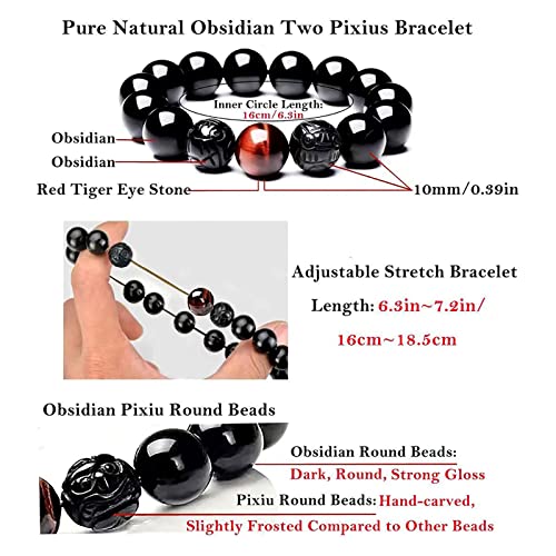 Black Obsidian Bracelet,Feng Shui Black Obsidian Wealth Bracelet for Women Men Couples Handmade Stretch Obsidian Bracelet Bangle with Carved Pixiu Tiger Eye Stone Attract Wealth Money and Good Luck - color: F,10mm,Red Tiger Eye