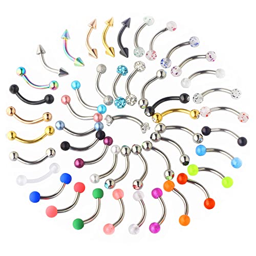 Suotarn 47pcs 16G Stainless Steel Eyebrow Piercing Rings Clear CZ Curved Barbell Helix Daith Rook Earrings Piercing Body Jewelry for Women Men - style: 47pcs mix