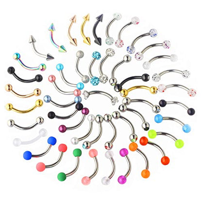 Suotarn 47pcs 16G Stainless Steel Eyebrow Piercing Rings Clear CZ Curved Barbell Helix Daith Rook Earrings Piercing Body Jewelry for Women Men - style: 47pcs mix