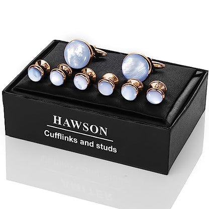 HAWSON Cufflinks and Tuxedo Studs Set for Men with Gift Box, Mother-of-Pearl Cuff links for French Cuff Shirt and Dress Shirt, Suitable for Wedding, Birthday, Party - style: Rose Gold & Blue Mother of Pearl