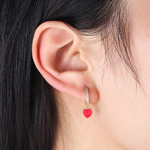 DAILY VIBES Cute Gold Mini Dangle Huggie Hoop Earrings for Women Trendy | 14K Gold Plated, Dainty Cubic Zirconia, Small Hoop Earrings with Charm Drop, Jewelry Gift for Women Ladies - color: Red Heart CZ