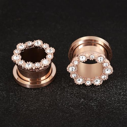 Tunnels Gauges, 2PCS Stainless Steel Tunnel Set Hollow Flower with Round Cubic Zirconia Screw Back Ear Gauges Plugs Tunnels 2G - 5/8 inch Ear Piercing Jewelry - color: Rose Gold, size: 00G(10mm)