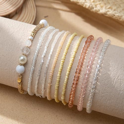 Bohemian Colorful Crystal Glass Beads Seed Beaded Bracelet Handmade Adjustable Stackable Elastic Strand Bangle for Women Summer Beach Hawaii Boho Wristbands Jewelry - color: beige