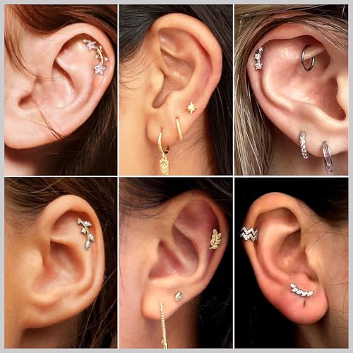 Flat Back Cartilage Earrings CZ Earring Studs Set Helix Conch Tragus Labret Piercing Jewelry for Women Internal Thread Hypoallergenic Surgical Stainless Steel 14K Gold 16 Gauge - color: 16G Bar-6mm Silver