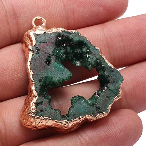 LE SKY natural stone pendant irregular plated gold edge druzy green crystal agate stone pendant for jewelry making DIY necklace charms 25X30-35X45mm (2 Pcs) - color: green