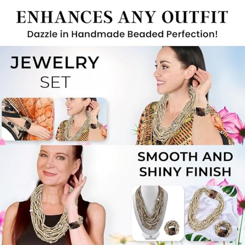 Shop LC Seed Bead Necklace Bracelet Set Boho Jewelry for Women | Multi Layered Boho, Wooden Clasp, 18 Inch Necklace, Stretchable Bracelet - color: Beige