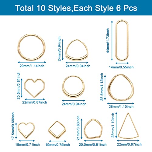 Elecrelive 60Pcs Light Gold Linking Rings Heart Rhombus Hollow Frame Charm | Heart Rhombus Oval Connector Charms Earring Findings Open Bezels for Earrings Bracelet Necklace Macrame Making - color: Light Gold 10 Styles