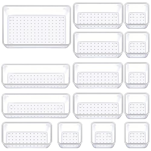 Manalete Drawer Organizers Set of 15, 4 Sizes Clear Plastic Drawer Organizers and Storage Bins for Kitchen, Bathroom, Office, Dresser Desk Drawer Organizer Tray for Jewelry, Makeup, Junk, Gadgets - size: 15Pack(0-0-1-2-5-7)