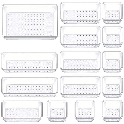 Manalete Drawer Organizers Set of 15, 4 Sizes Clear Plastic Drawer Organizers and Storage Bins for Kitchen, Bathroom, Office, Dresser Desk Drawer Organizer Tray for Jewelry, Makeup, Junk, Gadgets - size: 15Pack(0-0-1-2-5-7)