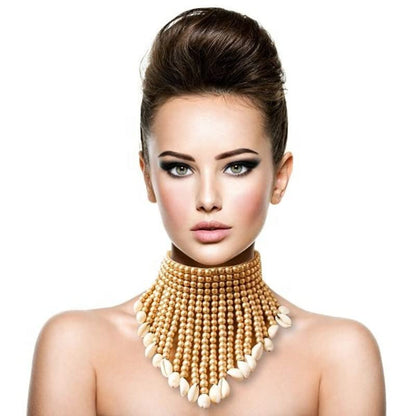 Wooden Beaded Seed Bib Necklace and Earrings Set for Women,Statement African Boho Layering Chunky Collar Choker Set - color: Gold