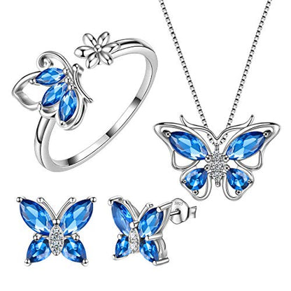Aurora Tears Butterfly Jewelry,Women 925 Sterling Silver Butterflies Birthstone Pendant Necklace/Earrings/Rings Wedding Gift - color: I.September-set 2