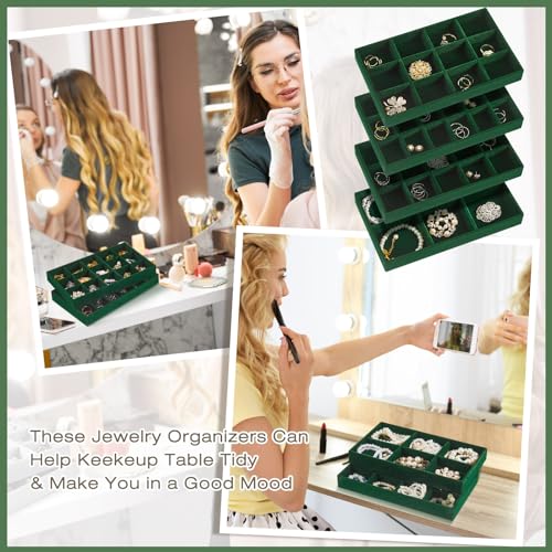 12 Pcs Jewelry Tray Velvet Stackable Jewelry Organizer Trays Divided Earring Accessories Storage Containers Box (Rose Red) - color: Green