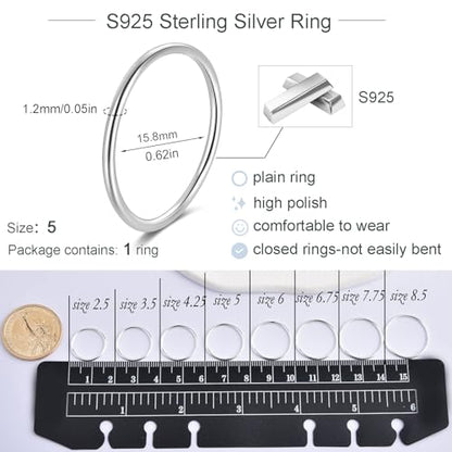 CANDYFANCY 925 Sterling Silver 1.2mm Stacking Midi Thin Rings Thumb Pinky Ring Stack Knuckle Rings for Women Band Ring Size 2.5-8.5 - color: silver-1pcs, size: 5