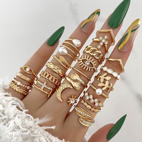 HUASAI Gold Stackable Rings Set for Women Boho Dainty Moon Star Pearl Leaf Cubic Zirconia Heart Midi Pinky Trendy Jewelry Birthday Gifts - color: H Gold 23 Pcs