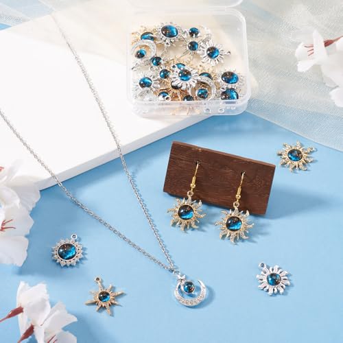 24Pcs Alloy Rhinestone Charms for Jewelry Making, Cute Moon Sun Star Alloy Charm Celestial Blue Rhinestone Dangle Pendants for DIY Necklace Bracelet Earring Jewelry Making Crafts - color: Blue