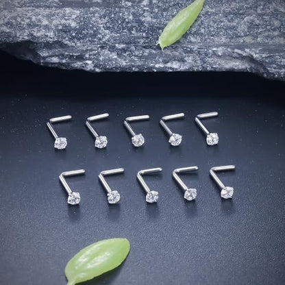 ASTM F136 Titanium Nose Rings 18G 20G 22G Clear Cubic Zirconia Nose Studs Ring Screw L-Shaped Bone Hypoallergenic Body Piercing Jewelry for Women 1.5mm 2mm 2.5mm 3mm 10PCS - style: L-Shaped:20G(0.8mm)-2mm CZ