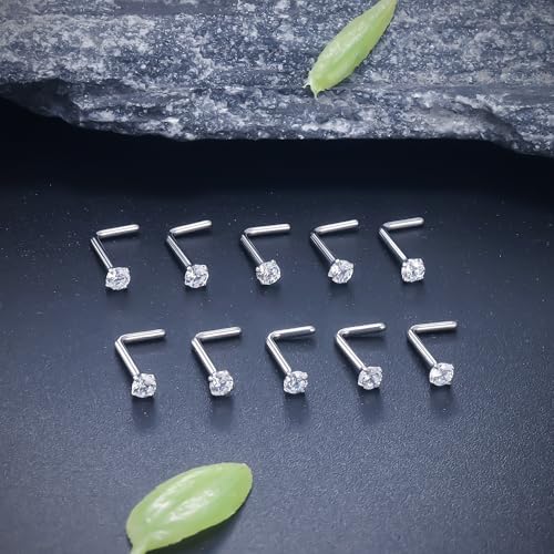ASTM F136 Titanium Nose Rings 18G 20G 22G Clear Cubic Zirconia Nose Studs Ring Screw L-Shaped Bone Hypoallergenic Body Piercing Jewelry for Women 1.5mm 2mm 2.5mm 3mm 10PCS - style: L-Shaped:22G(0.6mm)-2mm CZ