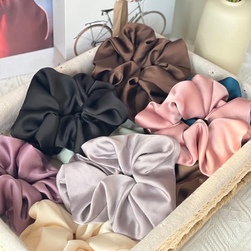Big Satin Scrunchies for Women, 5.2 Inches Large Scrunchie, Silk Elastic Ponytail Holders for Girls, Jumbo Hair Ties for Thick/Curly Hair, Soft Scrunchy No Crease No Pilling, 4 Pack - color: Black+Coffee