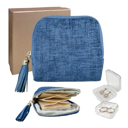 Small Travel Jewelry Case with Earring Box Mini Jewelry Case | 6 Individual Layers Portable Chenille Travel Jewelry Organizer Pouch for Bangle Necklace Bracelet, Gifts for Women, Sky Blue - color: Sky Blue