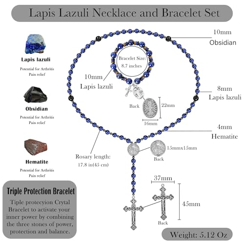 Rosary for Men Women, Natural Stone Beads with St. Benedict Bracelet | 8 mm Natural Stone Prayer Beads with 10 mm Accent Beads, St. Benedict Crucifix, Matching Bracelet, Gift Box and Pouch. - color: Lapis Lazuli