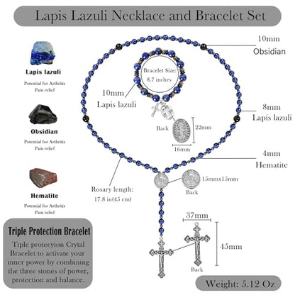 Rosary for Men Women, Natural Stone Beads with St. Benedict Bracelet | 8 mm Natural Stone Prayer Beads with 10 mm Accent Beads, St. Benedict Crucifix, Matching Bracelet, Gift Box and Pouch. - color: Lapis Lazuli