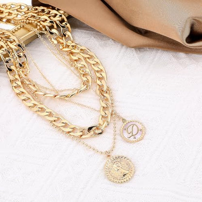MJartoria Layered Necklaces for Women Trendy Retro Mother of Pearl Coin Letter Pendant Necklace Dainty Chunky Chain Choker Necklaces for Jewelry Birthday Gifts - style: D