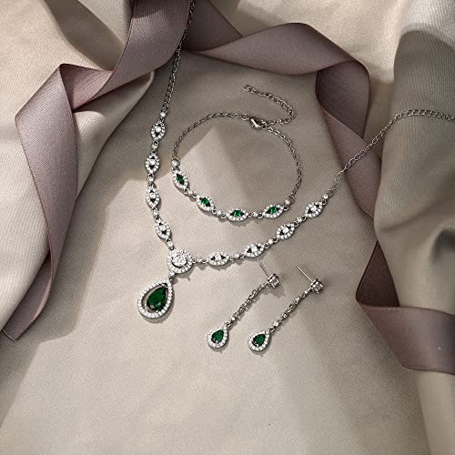 EVER FAITH Bridal Jewelry Set for Women, Stunning Teardrop Cubic Zirconia Birthstone Necklace Bracelet Earrings Sets Gift for Mothers Day/Valentines/Birthday/Christmas - color: Green