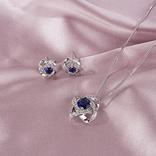 AMYJANE Bridal Jewelry Set for Women - Crystal Cubic Zirconia Love Knot Necklace Stud Earrings Elegant CZ Jewelry Set for Wedding Bride Bridesmaids Gift Set - color: Blue Sapphire(14k White Gold Plated)