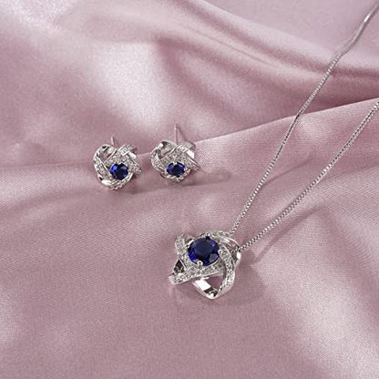 AMYJANE Bridal Jewelry Set for Women - Crystal Cubic Zirconia Love Knot Necklace Stud Earrings Elegant CZ Jewelry Set for Wedding Bride Bridesmaids Gift Set - color: Blue Sapphire(14k White Gold Plated)