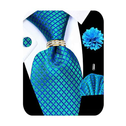 5PCS Mens Silk Tie, Pocket Square, Cufflinks, Drilled Tie Ring and Lapel Pin Set for Wedding Groom Party - color: Teal Tie Set -64