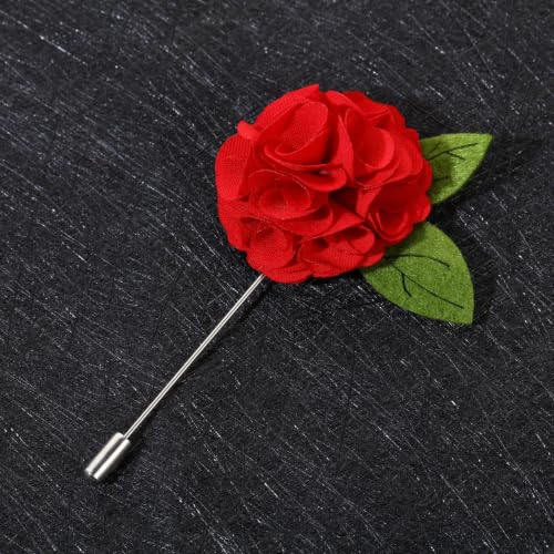 Gentleman's Essentials Premium Handmade Flower Lapel Pin Boutonniere - color: Crimson Red Camellia [Green Leaf]