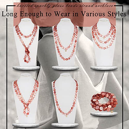 Firstmeet Flat Round Coin Shell Beads Long Knotted Necklace Natural Mother of Pearl Handmade Jewelry For Women - color: Chili