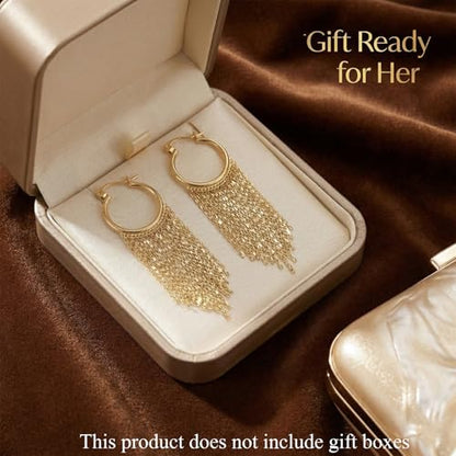 Gold Fringe Earrings for Women - Lightweight Statement Dangle Earrings with Stainless Steel Post, High Polish Long Tassel Drop Jewelry for Prom Wedding - color: Gold