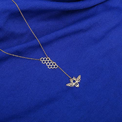 18K Gold Plated Stainless Steel Bee Honeycomb Pendant Necklace, Adjustable Y Lariat Conch/Guitar/Horseshoe Necklace for Women - color: Gold, style: Bee