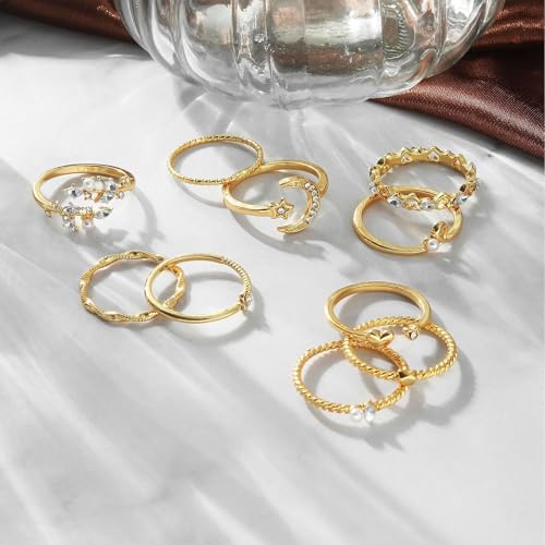 Gold Stackable Ring Set for Women, Dainty Fashion Rings Set with Pearl, Crystal, Heart, Bow and Wave Design, Trendy Midi Finger Rings Jewelry Gift - color: A3
