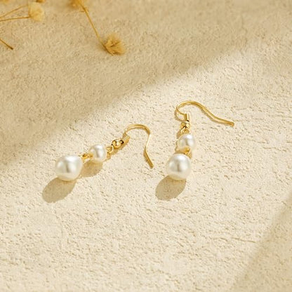 Freekiss Pearl Earrings for Women Trendy: Flat Back Stud Earrings 14K Gold Plated/925 Sterling Silver Freshwater Pearl Dangle Earrings Cute Bow Earrings Wedding Jewelry Birthday Gifts for Women Girls - style: double pearl drop earrings