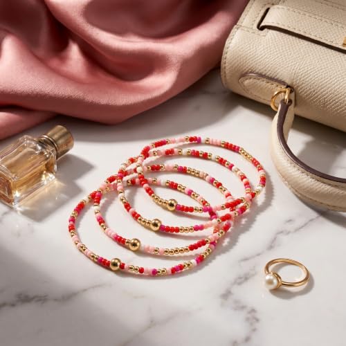 Seed Beaded Stack Bracelets Set for Women,Small Boho 4Pcs Colorful Handmade Dainty Trendy Gold Stretch Accessories Jewelry, Summer Daily Party Friendship Gift - color: Pink Red