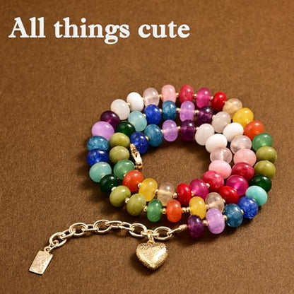 Boho Gemstone Beaded Necklace for Women – Colorful Natural Stone Choker 18K Solid Heart-Shaped Pendant, Summer Beach Jewelry - color: All things cute