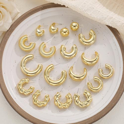 12 Pairs Chunky Gold Hoop Earrings for Women Trendy, Gold Plated Lightweight Hypoallergenic Stack, Thick Open Twisted Huggie Hoops Earring Set - color: 9 Pairs Gold Twisted