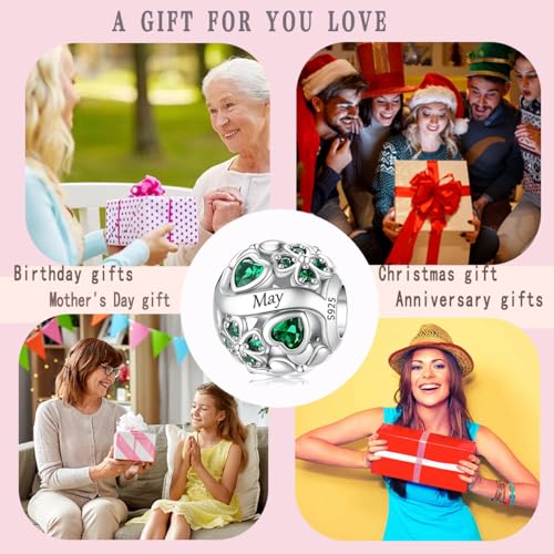 LNQOBU 925 Sterling Silve Lucky Birthstone Charm for Bracelets, With 5A Cubic Zirconia Birthday Charms Dangle Pendant Bead for Pandora Bracelets and Necklaces - color: E1-May