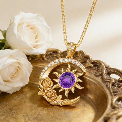 Midari 18K Yellow Gold Sun Moon Star Pendant Rose Flower Necklaces I Love You Forever Sun Moon Jewelry Gift for Mother Women - color: 02-Feb-Amethyst, style: Sun&Moon