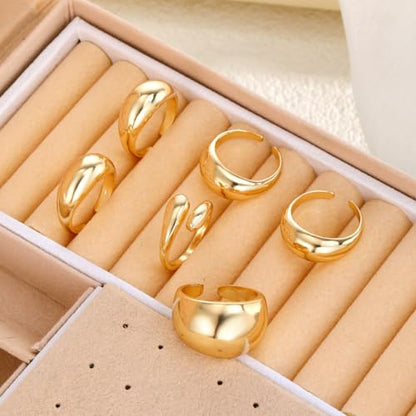 Chunky Rings for Women Non Tarnish 14k Stackable Dome Statement Rings Sets Vintage Dainty Knuckle Open Midi Finger Rings Jewelry Pack Gifts - style: 6PCS