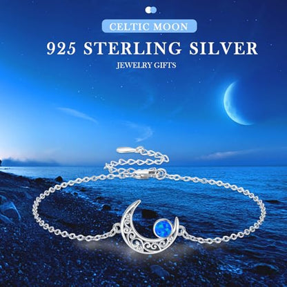 Moon Bracelet for Women 925 Sterling Silver Moonstone/Birthstone Moon Bracelet Butterfly/Dragonfly Bracelet Celtic Moon Butterfly Dragonfly Jewelry Gifts for Women - style: Blue Opal-Silver