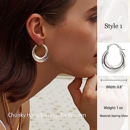 Chunky Gold Hoop Earrings for Women 14k Gold Plated Thick Triple Earrings | Hypoallergenic Trendy Chunky Gold Hoops Earrings,Dainty Jewelry Gifts for Women - style: Silver Tapered Hoop Earring