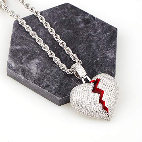 Broken Heart Pendant Necklace Hip Hop CZ Fully Iced Out Bling CZ Diamond 24K White Gold Plated with 24" Stainless Rope Chain - color: Silver