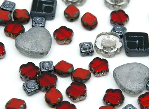 65+ pcs (2.1oz=60g) of Focal Glass Bead Mix with Table-Cut Hawaii Flower and Heart with Rose Beads, PG Gray Red - color: Focal Gray Red