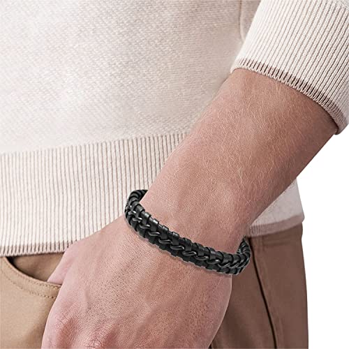 Men's Braided Genuine Leather Wristband Cuff Bracelet - color: Black